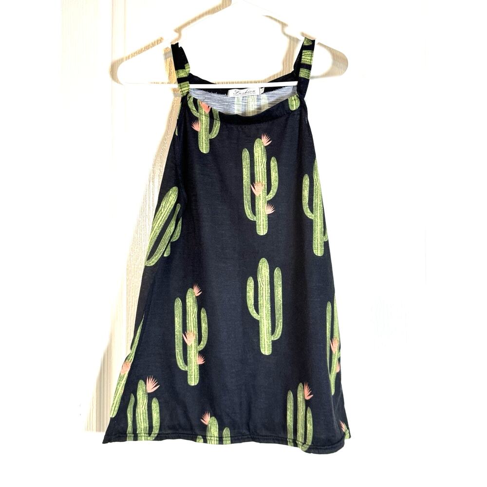 Boho, Western Brokedown Cactus Print Black Sleeveless Tank Top, Small